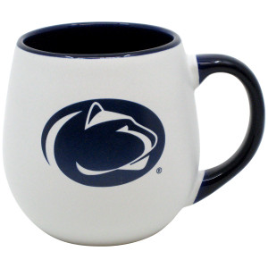 white mug with navy inside, handle, and Penn State Athletic Logo